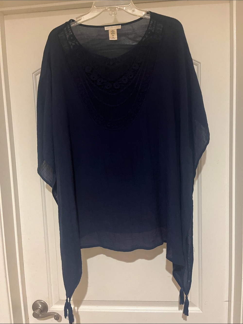 New York & Company Navy Crochet Yoke Poncho Top